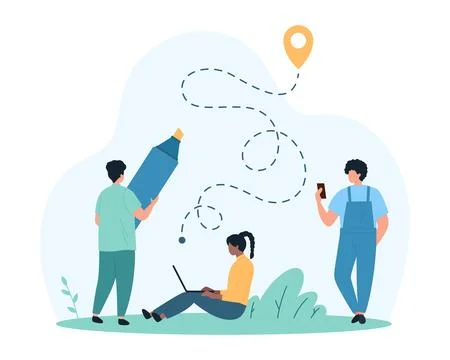 GPS navigation in mobile app online, track service for tiny people drawing car 스톡 일러스트