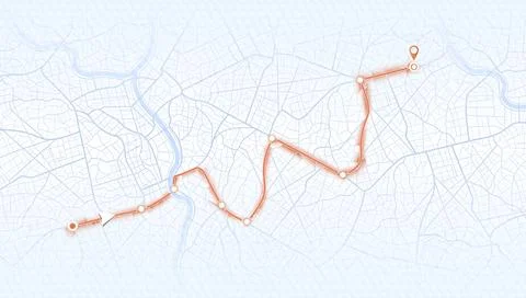 GPS navigation to pins and multiple markers on route. City map featuring Stock Illustration