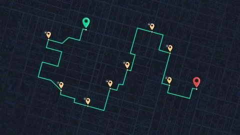 GPS navigation to pins and multiple markers on route. City map featuring Stock Illustration
