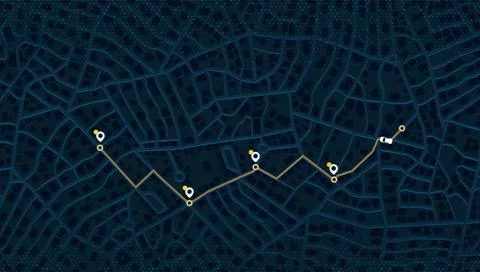 GPS navigation to pins and multiple markers on route. Cty map featuring Stock Illustration