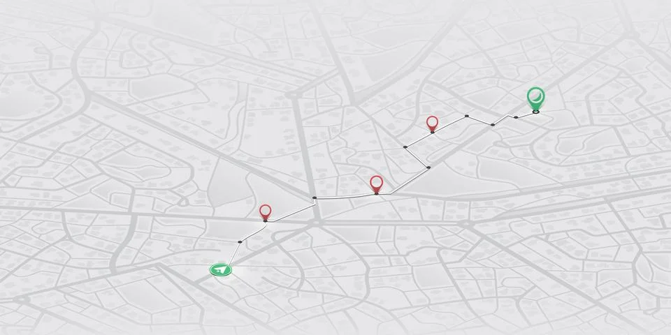 GPS navigation to pins and multiple markers on route. Cty map featuring Stock Illustration