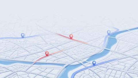 GPS navigation to pins and multiple markers on route. City map featuring Ilustração Stock