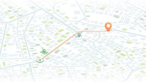 GPS navigation to pins and multiple markers on route. Cty map featuring Stock Illustration
