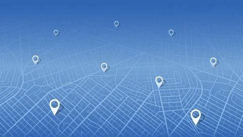 Gps navigation route concept with multiple destination pins on blue street 스톡 일러스트