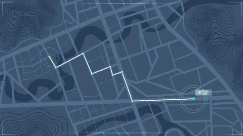 GPS Navigation Route on Digital City Map with Topographic Contour Lines and 스톡 일러스트