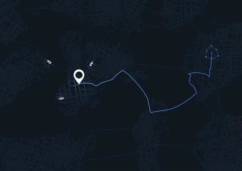 GPS navigation screen with blue driving route and destination pin. Car travel Stock Illustration