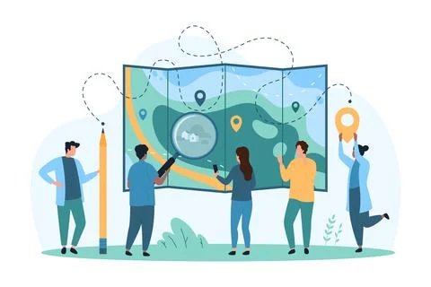 GPS navigation, search service by tiny people with location pin, pencil 스톡 일러스트