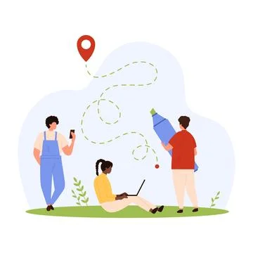 GPS navigation service, tracking mobile app, tiny people holding marker to mark 스톡 일러스트