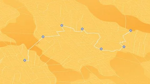 GPS navigation system displaying multiple markers and pins along designated Stock-Illustration