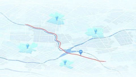 GPS navigation system displaying multiple markers and pins along designated Stock Illustration