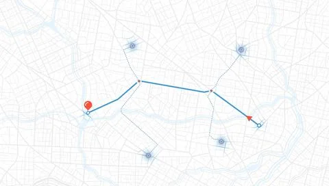 GPS navigation system displaying multiple markers and pins along designated Stock Illustration