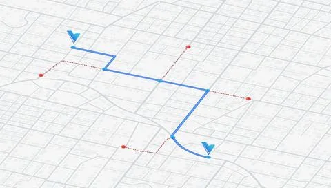 GPS navigation system displaying multiple markers and pins along designated Stock Illustration