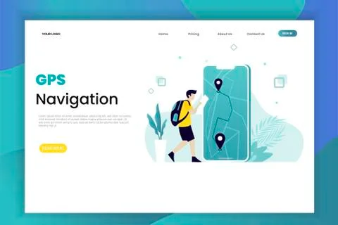 Gps navigation system landing page with characters Stock Illustration