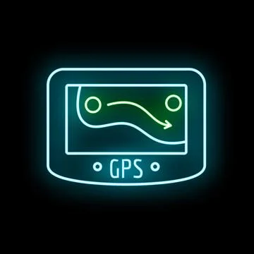 Gps navigation system showing route direction neon icon Stock Illustration