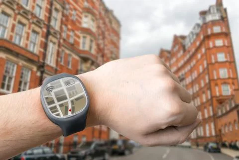 GPS navigation system on smart watch. Modern technology concept. Stock Photos
