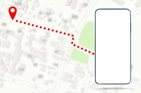GPS navigation template. A smartphone with a white screen shows the way to th Stock Photos