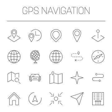 GPS navigation theme - maps, pointers, pins, globes, routes and compass symbol Illustrazione stock