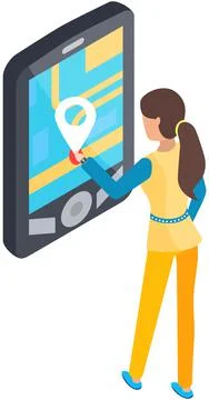 Gps navigation, tracking with mobile application. Person looking at map of area Ilustración de archivo