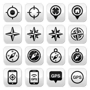 GPS navigation, wind rose, compass buttons set Stock Illustration