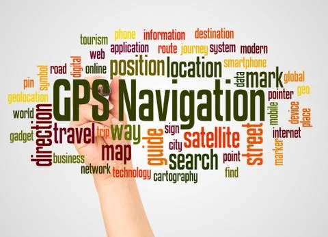 GPS navigation word cloud and hand with marker concept Stock Photos