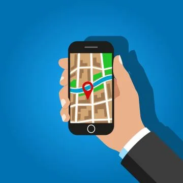 GPS navigator interface with city map and place pin. Vector. Stock Illustration