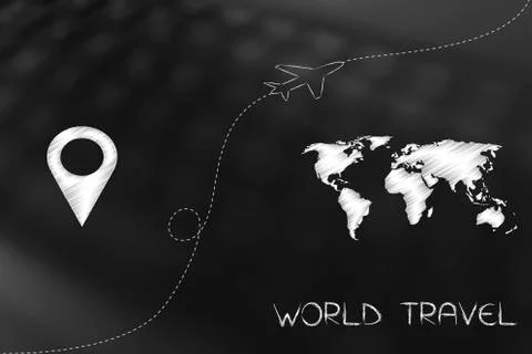 Gps pin next to world map with airplain taking off in between Illustrazione stock