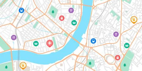 GPS point map. Navigation signs on city scheme. Urban plan with parks and Ilustración de archivo
