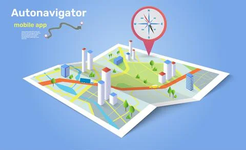 GPS point pin. City map. Auto navigator mobile app. Isometric street plan. Car Ilustración de archivo