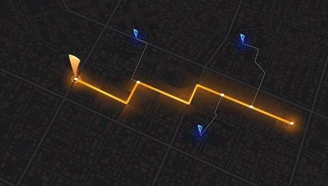 GPS route planning with waypoints on dark city map grid showing navigation path Stock Illustration