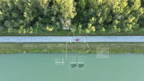 GPS satellite tracking red car in beautiful nature composition. Future Stock Footage 138920137
