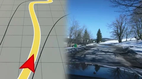 GPS screen following a path of the real Car on the curvy mountain road. Stock Footage 79059333