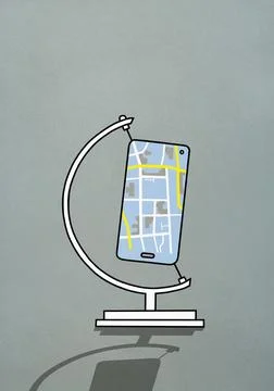 GPS on smart phone screen in globe stand Stock Illustration