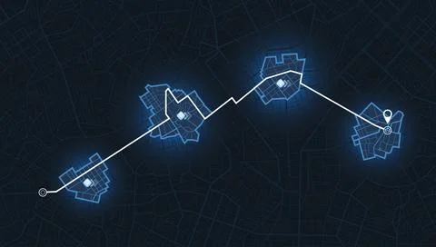 GPS tracking map with glowing blue city districts and white navigation route Stock Illustration