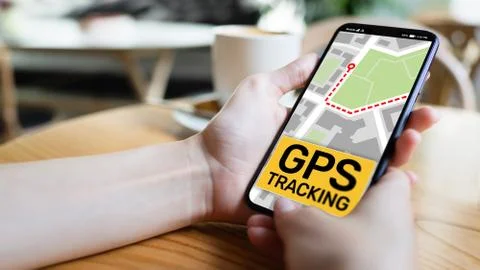 GPS tracking map on smartphone screen.  Global positioning system, navigatio Stock Photos