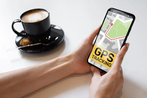 GPS tracking map on smartphone screen. Global positioning system, navigation Stock Photos