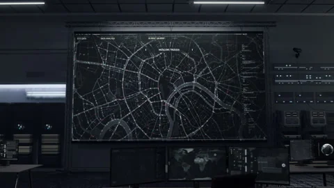 Gps Tracking program surveying the night town using the satellite connection Stock Footage 277934075