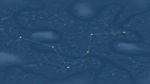 GPS tracking route with yellow checkpoints. Dark isometric city map with Stock Illustration