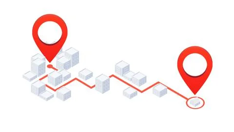 GPS tracking system navigate. Red marker as a goal located in 3d buildings city Stock Illustration
