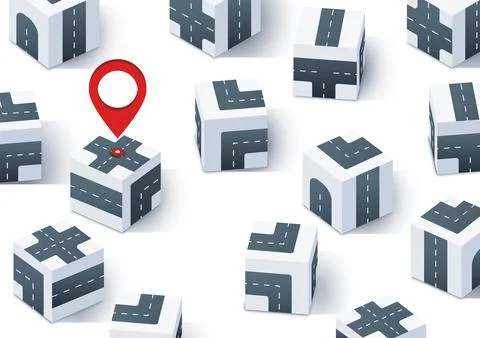GPS tracking system navigation. Red marker or pin on one of the boxes as a goal Stock Illustration