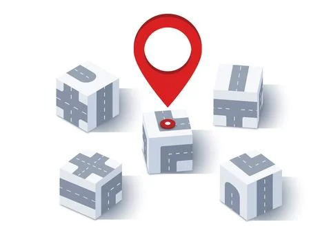 GPS tracking system navigation. Red marker or pin on one of the boxes as a goal Stock Illustration