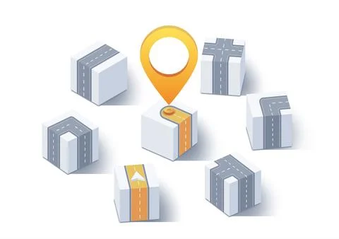 GPS tracking system navigation. Yellow marker or pin on one of the boxes as a Stock Illustration