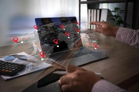 GPS tracking system real-time person interacts with digital map showing mul.. Stock Photos