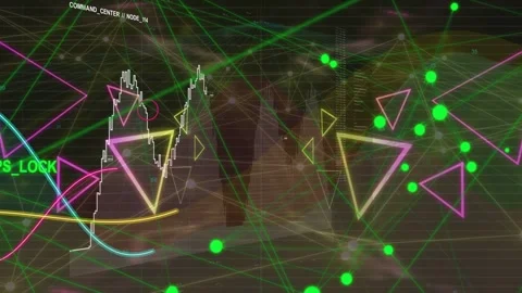 GPS_LOCK appearing, data HUD forming green node mesh growing waveform sweeping Stock Footage 335480830