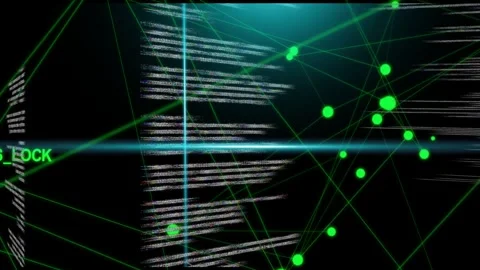 GPS_LOCK engaging, tall code plane, green nodes forming pulsing net, camera Stock Footage 334729044