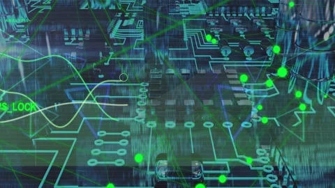 GPS_LOCK flashing sparking nodes moving on neon traces waves crossing and Stock Footage 335466024