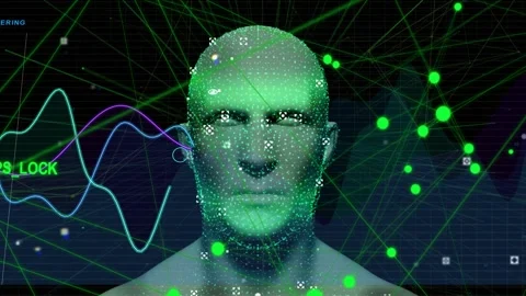 GPS_LOCK starting, 3D head forming, nodes orbiting, markers snapping, waves Stock Footage 335740015
