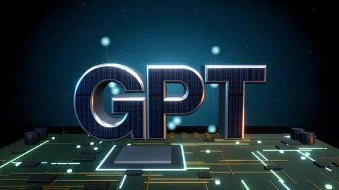 GPT Generative AI 3D Text with a Neural Network on a Circuit Board Stock Illustration