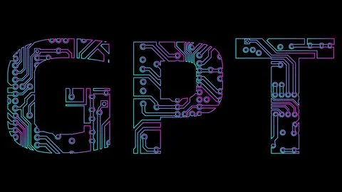 GPT text outline from PCB tracks isolated on black background. Chat GPT. Ilustración de archivo