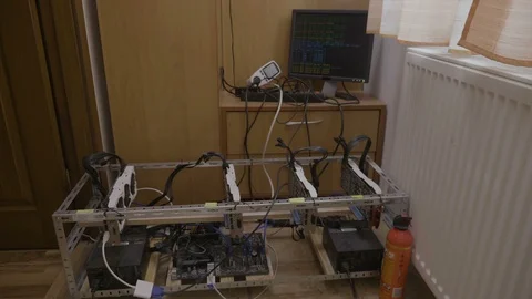 GPU bitcoin mining rig machine with powerful graphic cards and crypto currenc Stock Footage 102470711