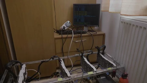 Gpu bitcoin mining rig machine with video graphic cards and crypto currency p Stock Footage 102470933
